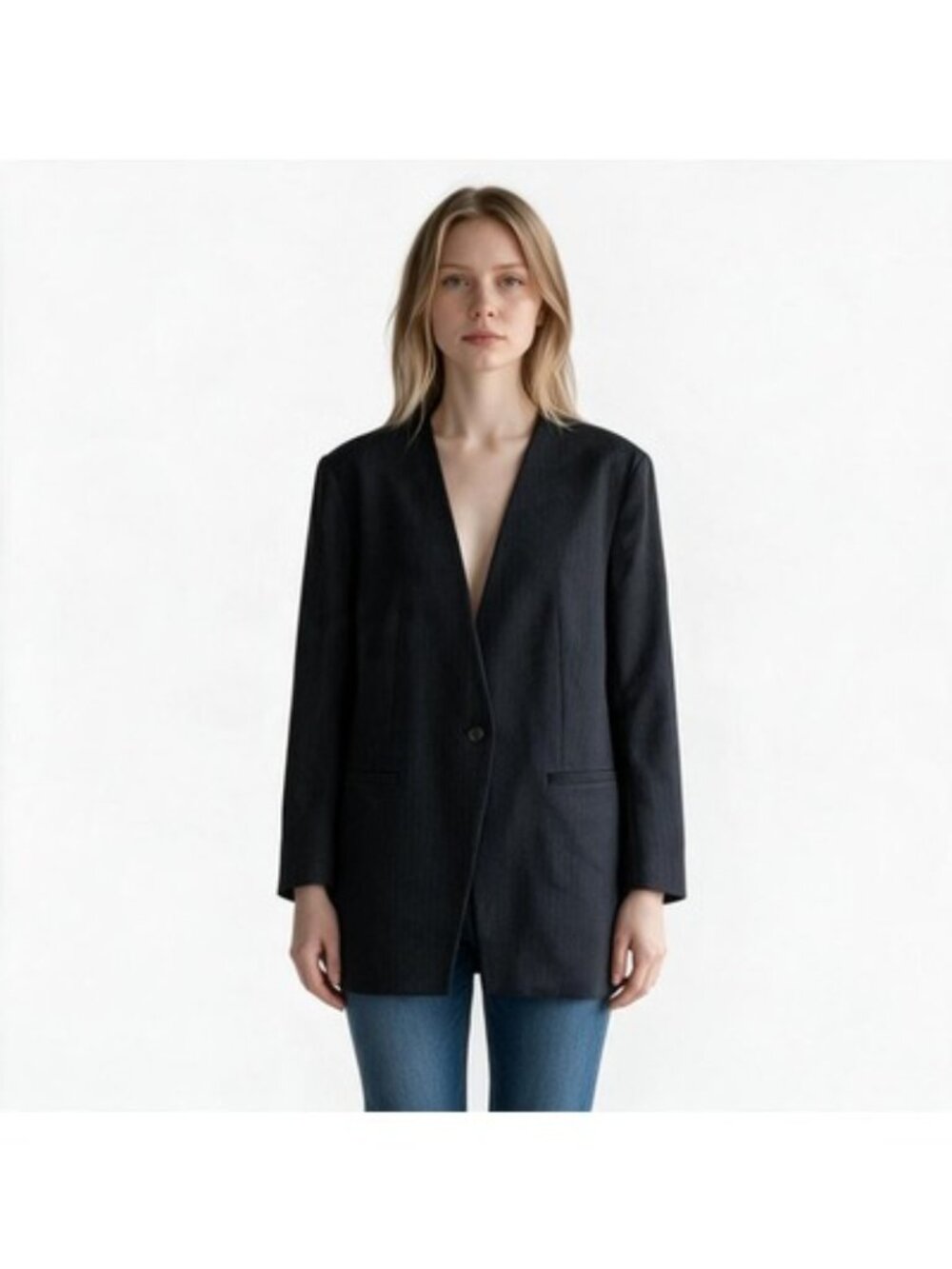 SPANX Blazer Womens XL Navy Pinstripe Perfect Collarless Stretch Ponte Knit